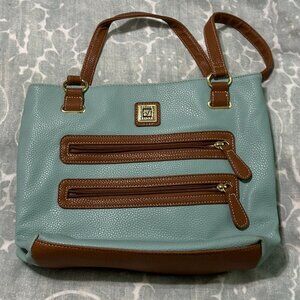Stone Mountain Handbags Purse Blue and Tan Leather Satchel